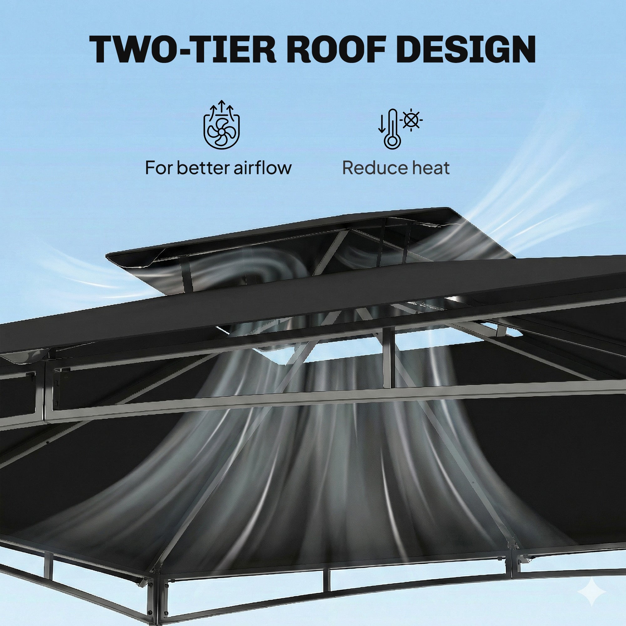 Black outsunny garden gazebo with metal frame and 180g m² pa-coated two-tier roof for airflow and heat reduction