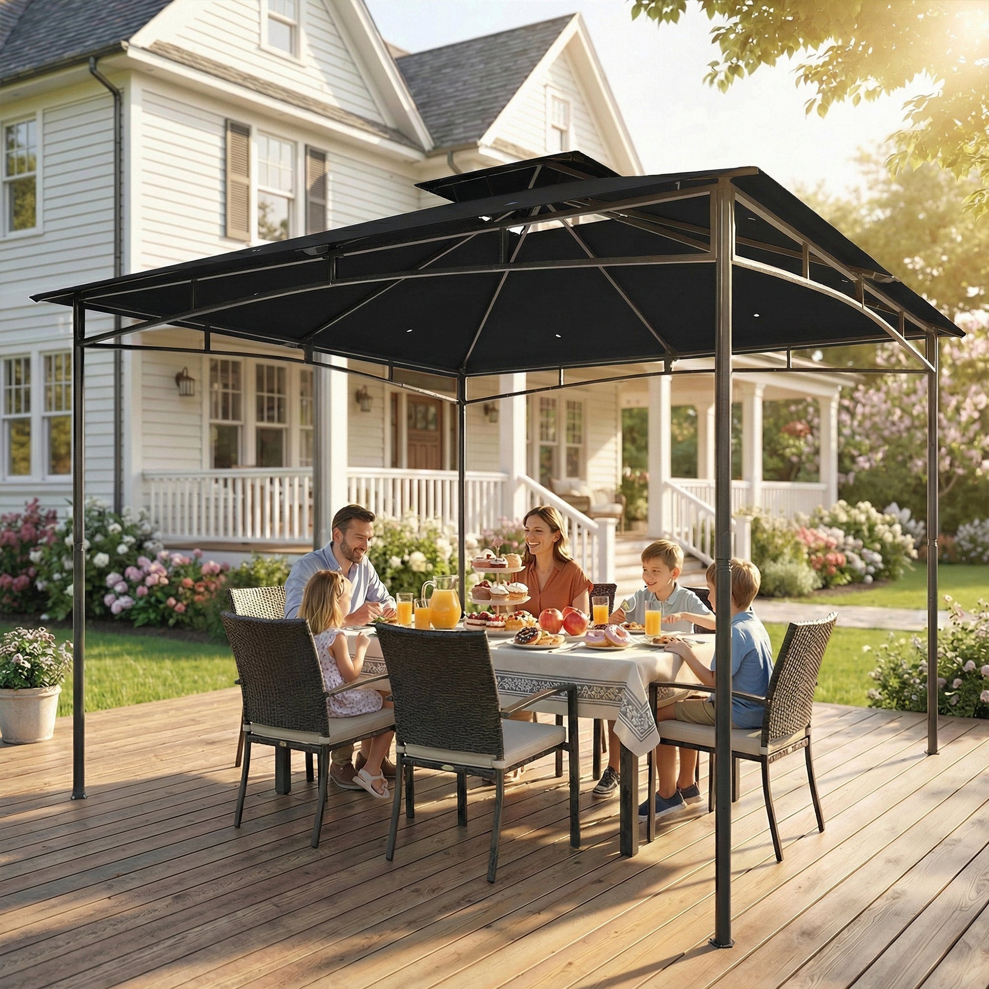 Black metal frame garden gazebo with 2-tier 180g m² pa-coated canopy perfect for outdoor use