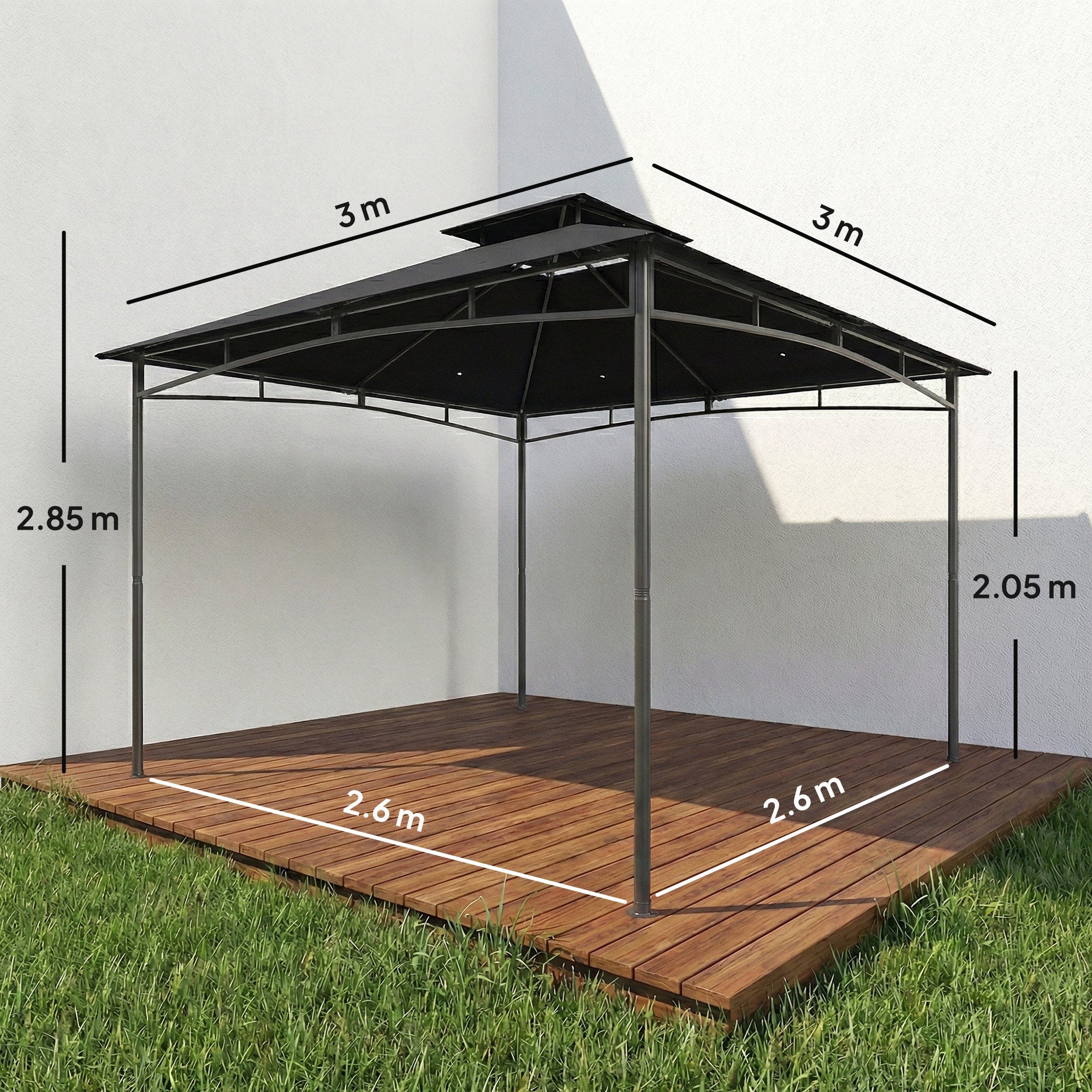 Black metal frame garden gazebo with 2-tier roof and measurements on 180g m² pa-coated structure