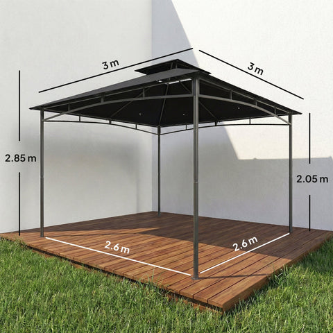 Black metal frame garden gazebo with 2-tier roof and measurements on 180g m² pa-coated structure