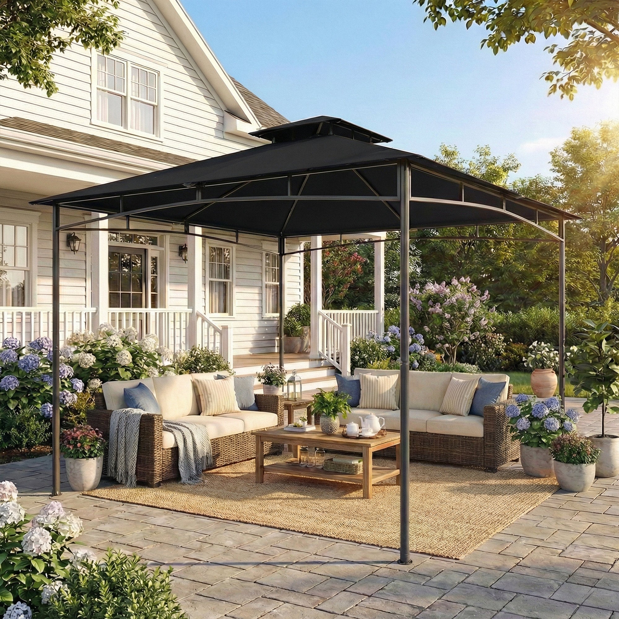 Black metal frame garden gazebo with double tier roof and 180g m² pa-coated dark fabric for outdoor use