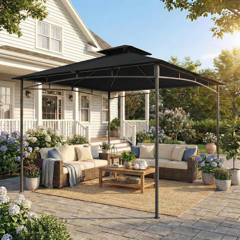 Black metal frame garden gazebo with double tier roof and 180g m² pa-coated dark fabric for outdoor use