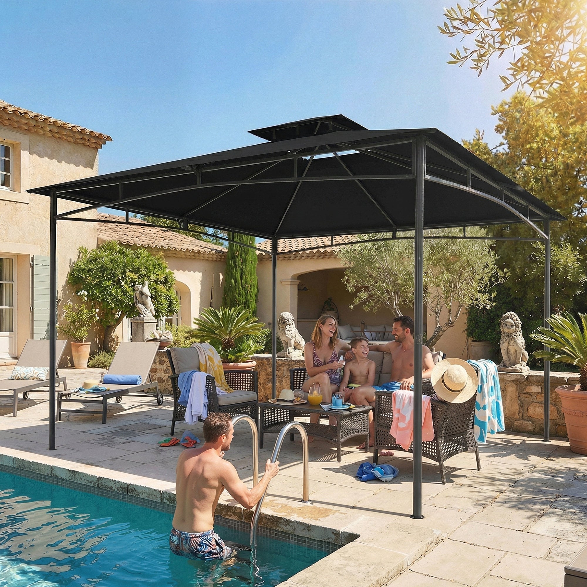 Outsunny 3 x 3 m garden gazebo with black metal frame, flat roof, and 180g m² pa-coated finish for outdoor fun