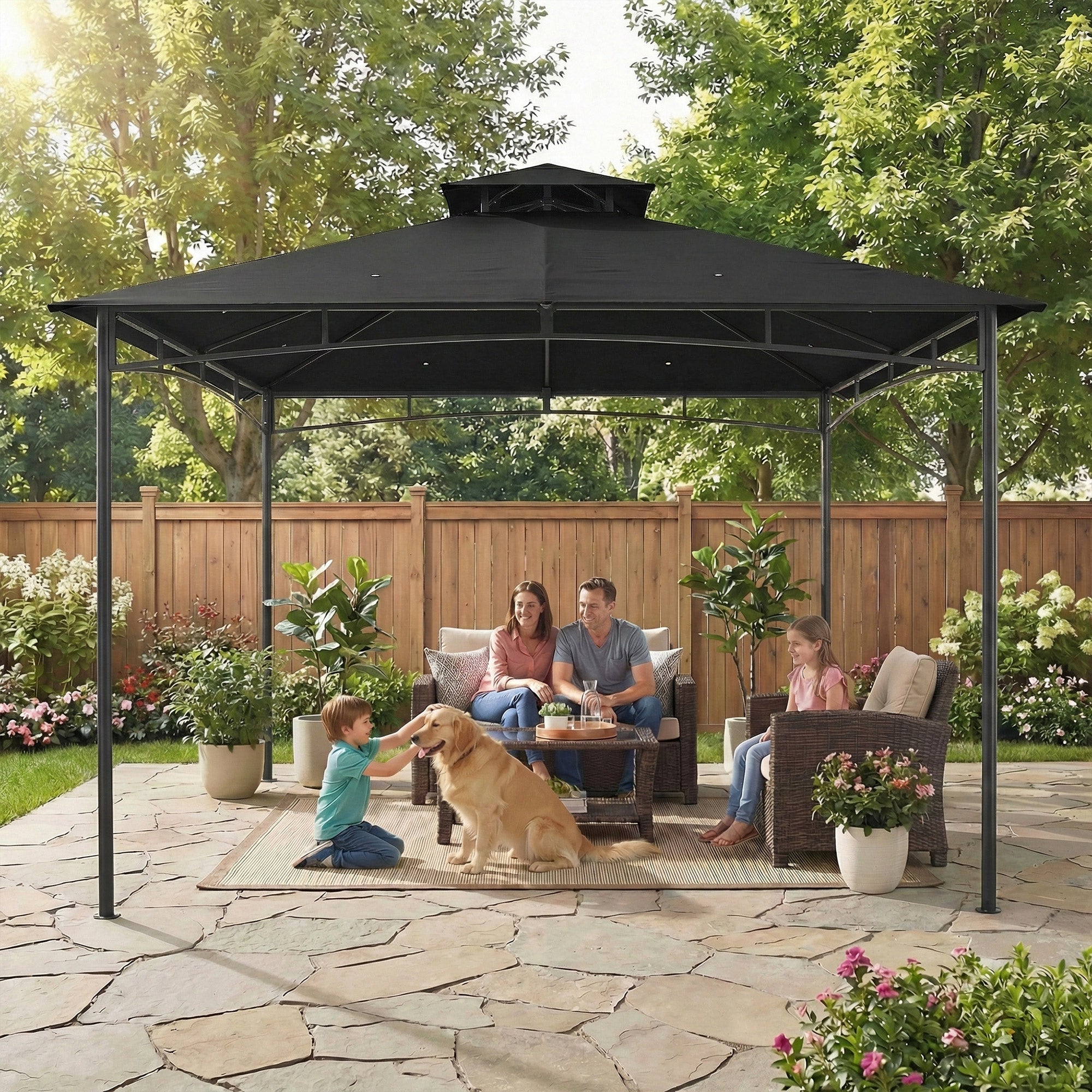 Black metal frame garden gazebo with peaked 2-tier roof and 180g m² pa-coated fabric by outsunny