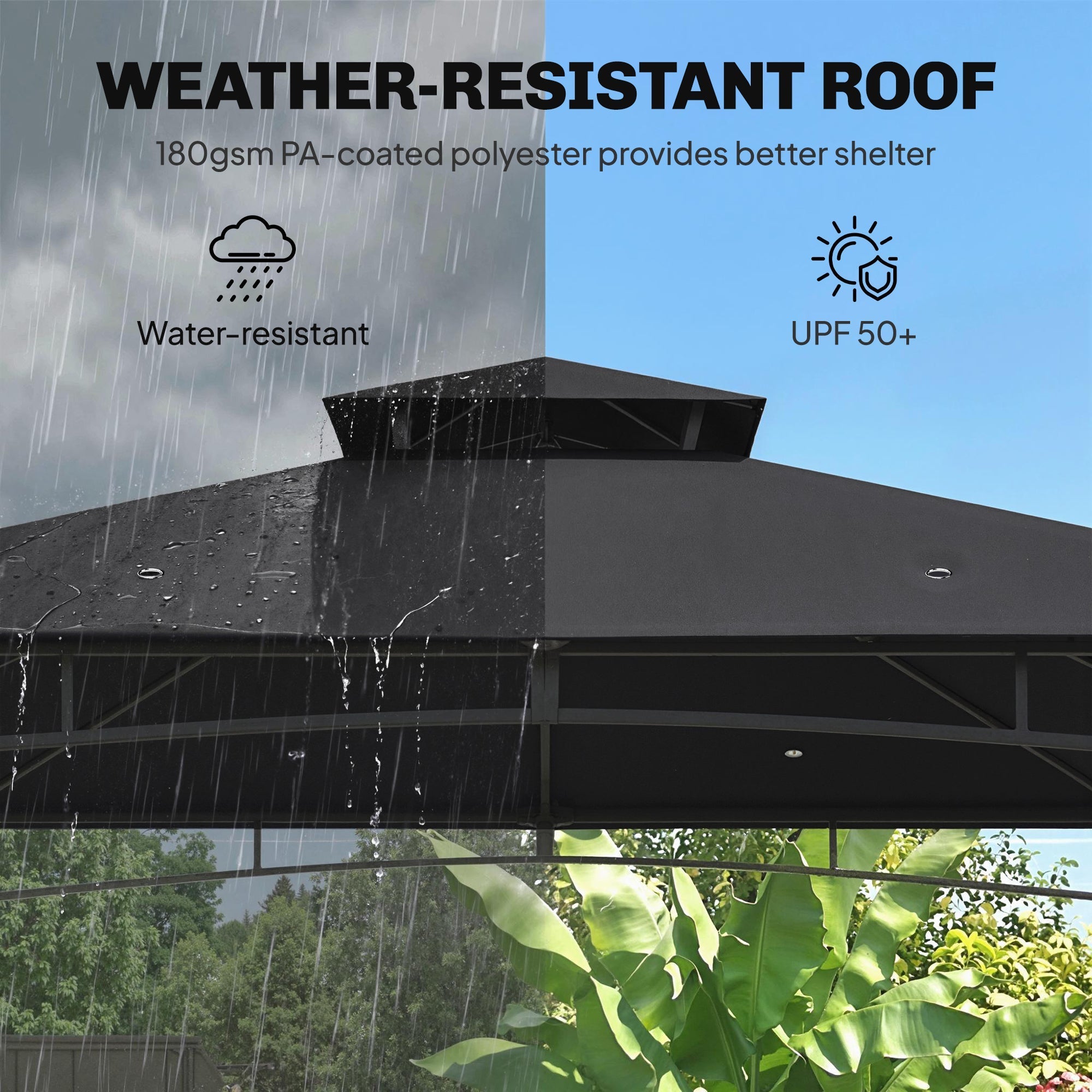 Black garden gazebo with metal frame and 180g m² pa-coated roof for uv protection and weather resistance
