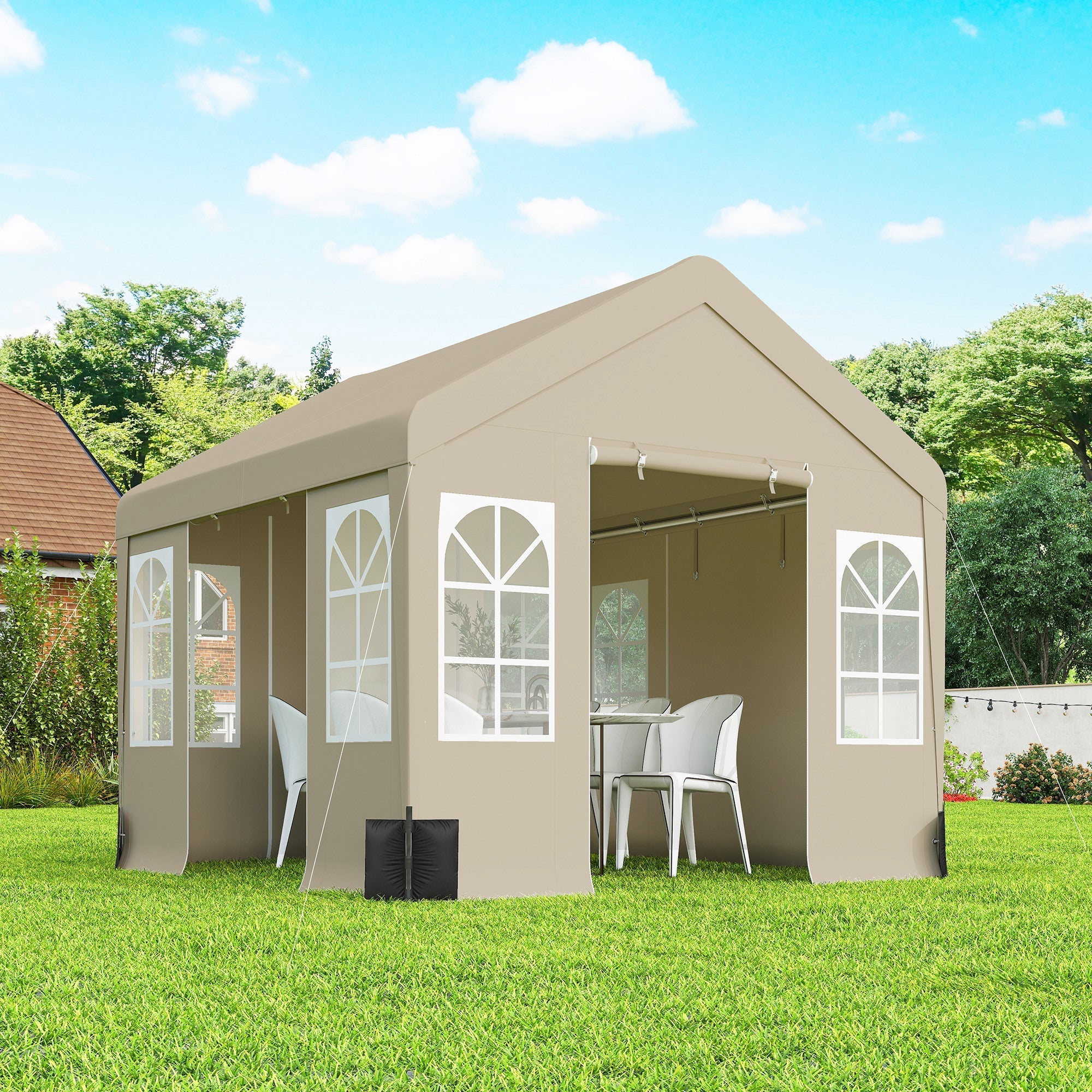 Beige outsunny 3x3 m outdoor party tent with white arched window panels and peaked roof for weddings and parties