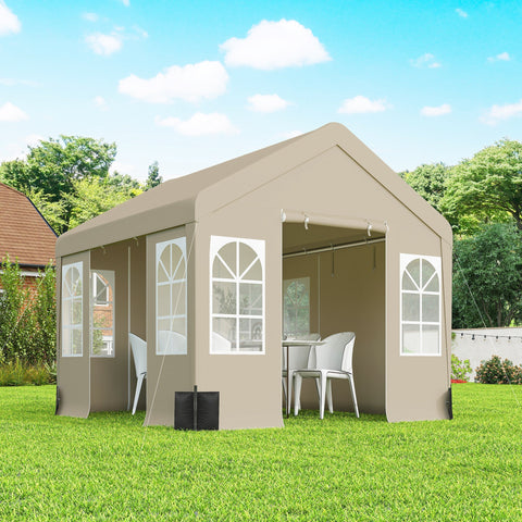 Beige outsunny 3x3 m outdoor party tent with white arched window panels and peaked roof for weddings and parties