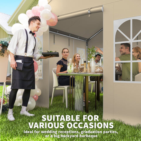 Black apron with adjustable straps and front pocket worn by server under outsunny 3 x 3 m beige party tent with removable sidewalls