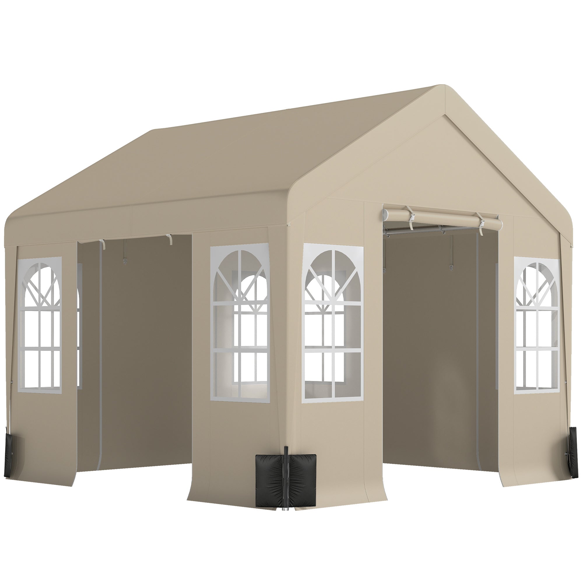 Beige canvas outsunny 3 x 3 m party tent with arched white window panels and peaked roof for outdoor events