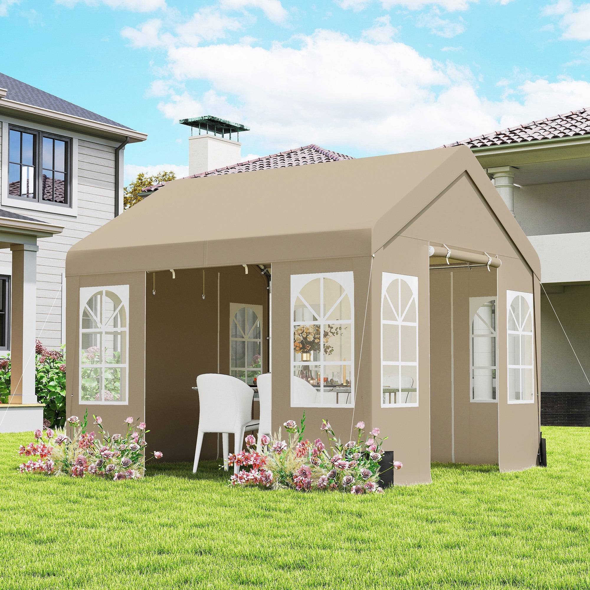 Beige outsunny 3 x 3 m party tent with white arched window panels and peaked roof for outdoor events and weddings