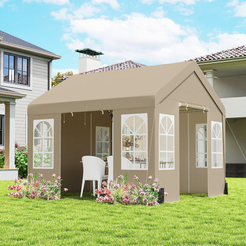Beige outsunny 3 x 3 m party tent with white arched window panels and peaked roof for outdoor events and weddings