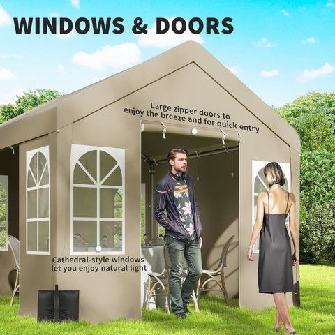 Beige canvas outsunny 3 x 3 m party tent with white-framed cathedral windows and large zipper doors for outdoor use