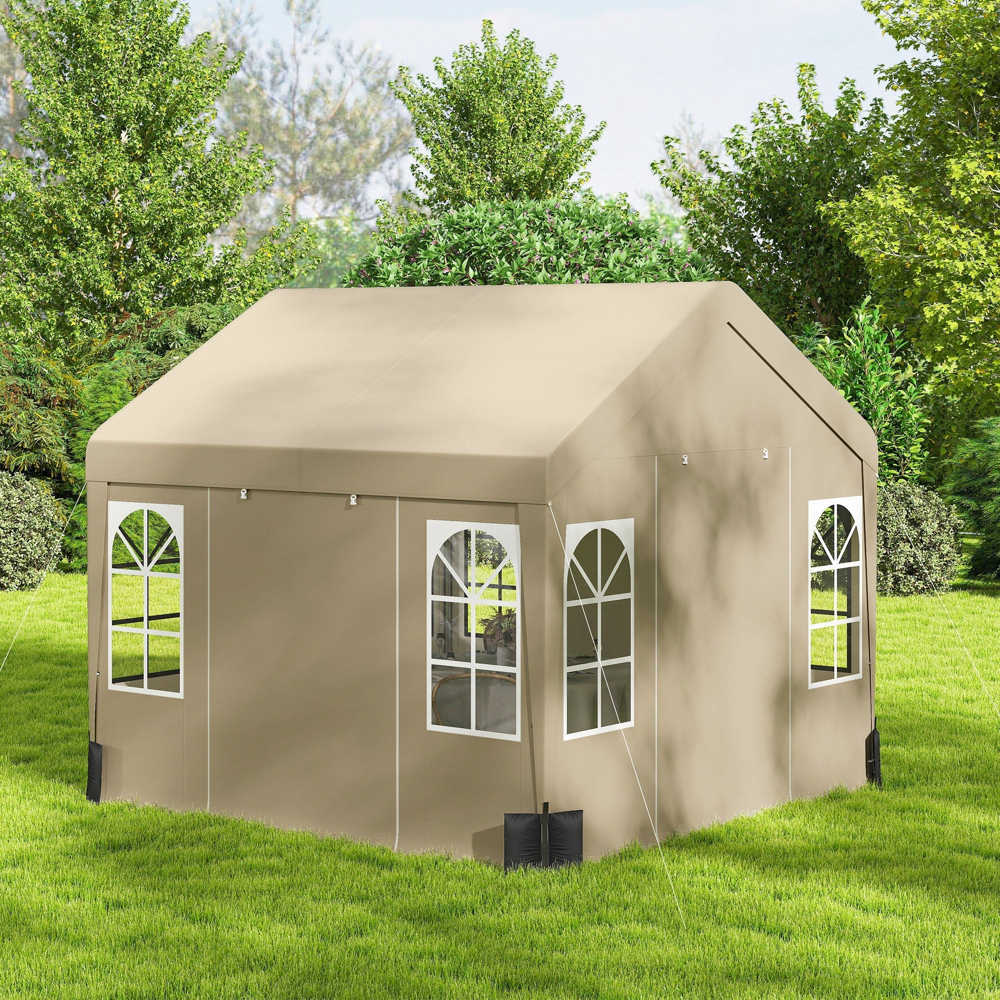 Beige outsunny 3x3 m outdoor party tent with arched window panels, peaked roof, removable sidewalls, and 4 zipped doors