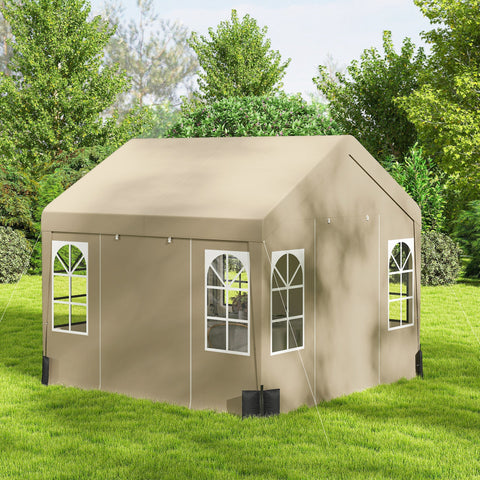Beige outsunny 3x3 m outdoor party tent with arched window panels, peaked roof, removable sidewalls, and 4 zipped doors