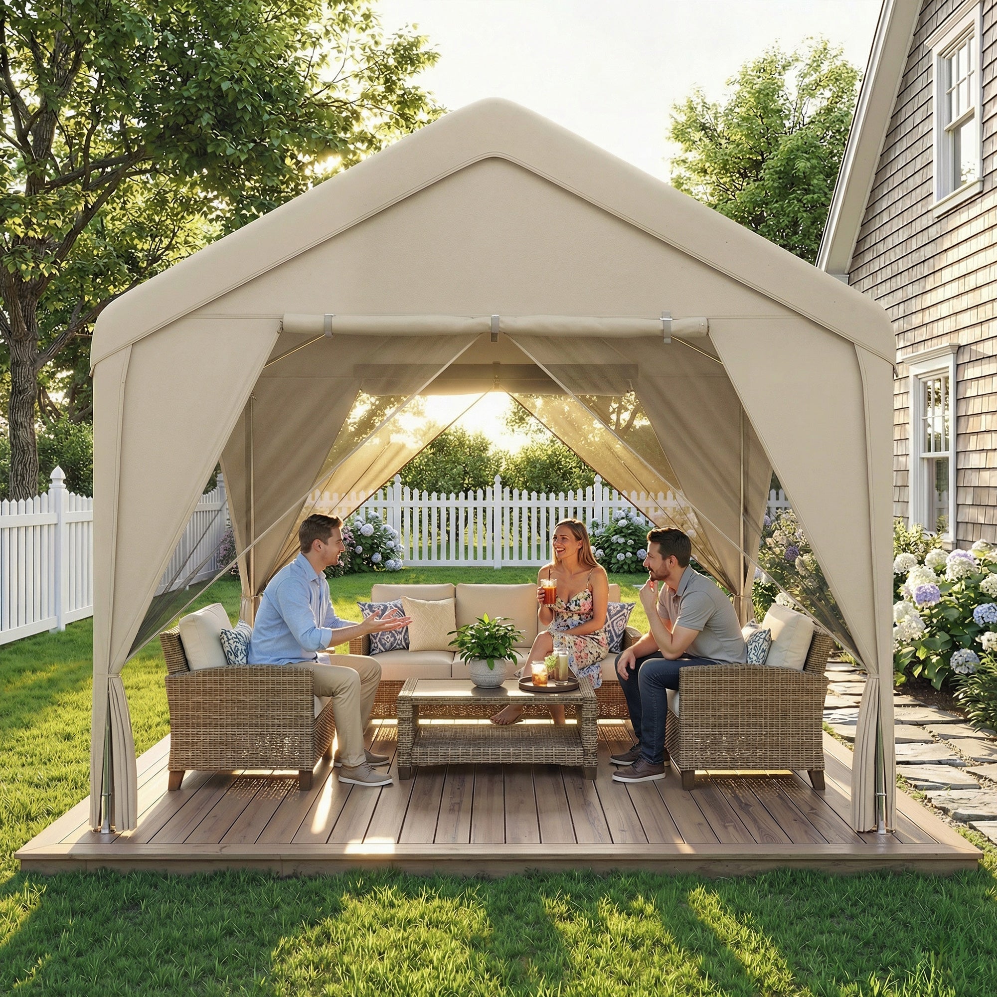 Beige canvas outsunny 3x3m patio gazebo with uv30+ protection, sheer panels, flexible door, and steel frame canopy shelter