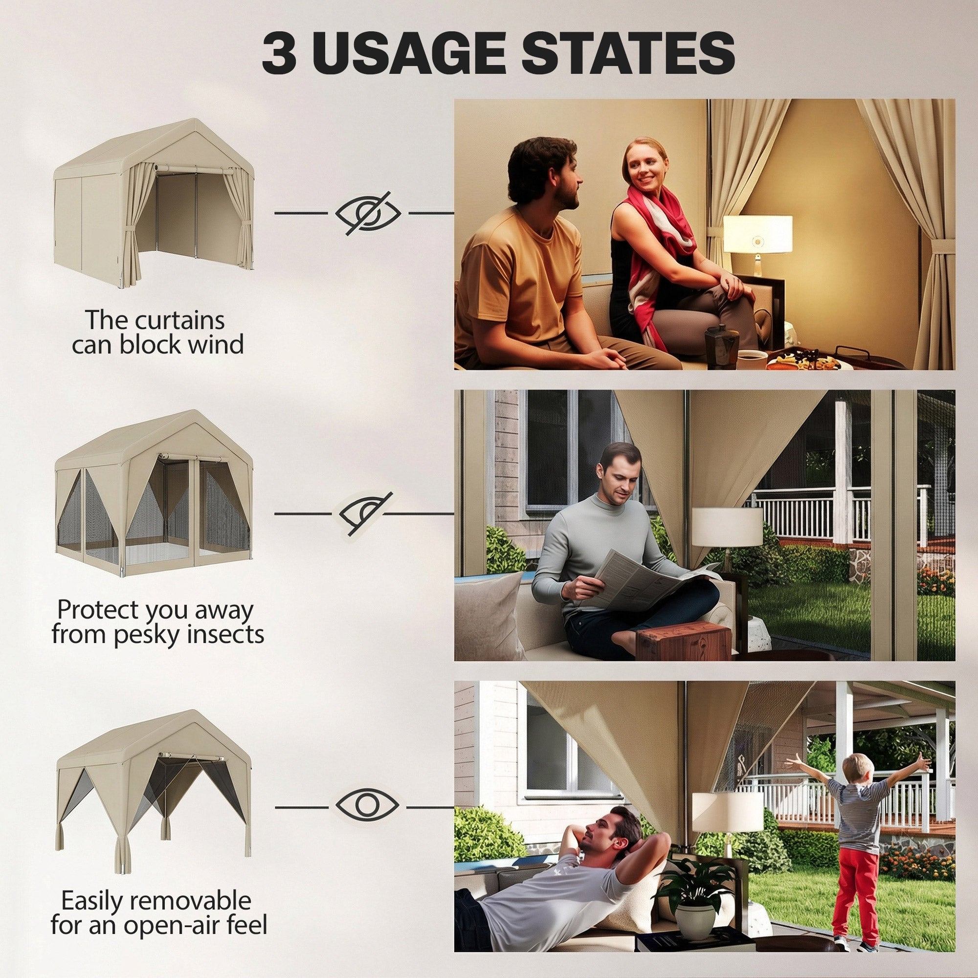 Beige outsunny 3x3m patio gazebo with uv30+ protection steel frame mesh panels and flexible door curtains for outdoors