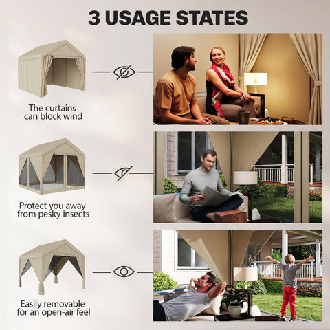 Beige outsunny 3x3m patio gazebo with uv30+ protection steel frame mesh panels and flexible door curtains for outdoors
