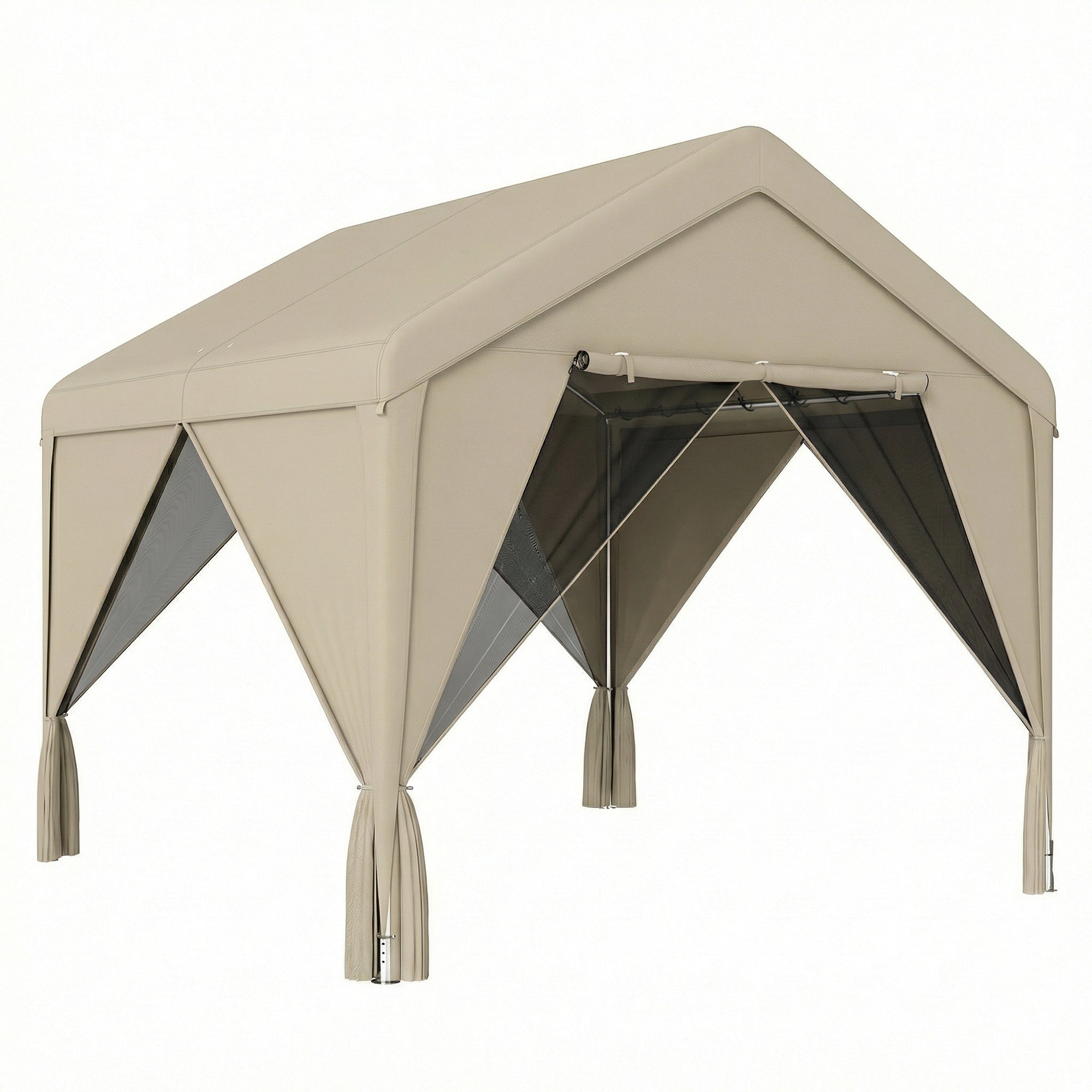 Beige outsunny 3 x 3 m patio gazebo with mesh panels tassels flexible door uv30+ protection and steel frame