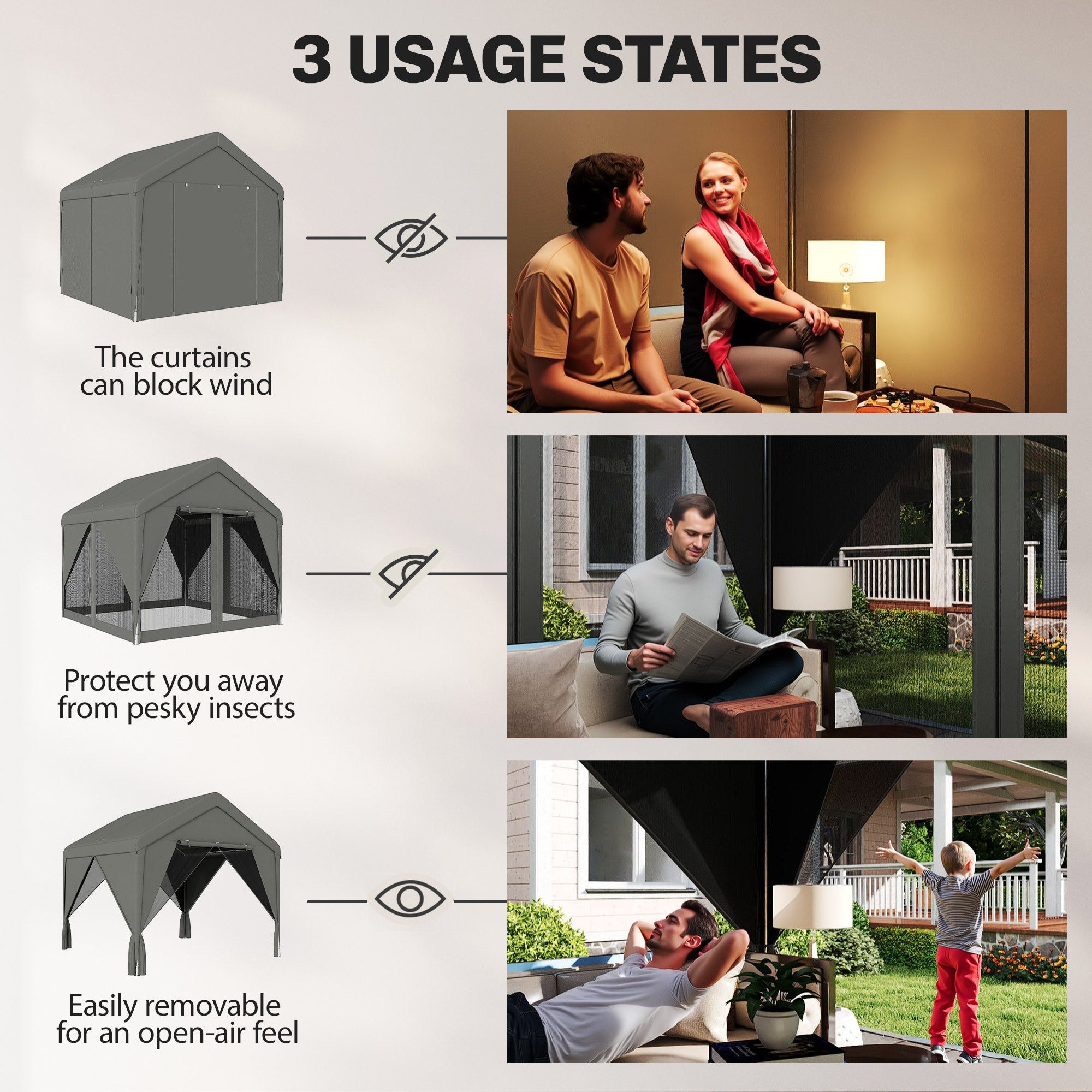 Outsunny 3 x 3 m patio gazebo with dark grey mesh screen, peaked roof, steel frame, uv30+ protection, and flexible door