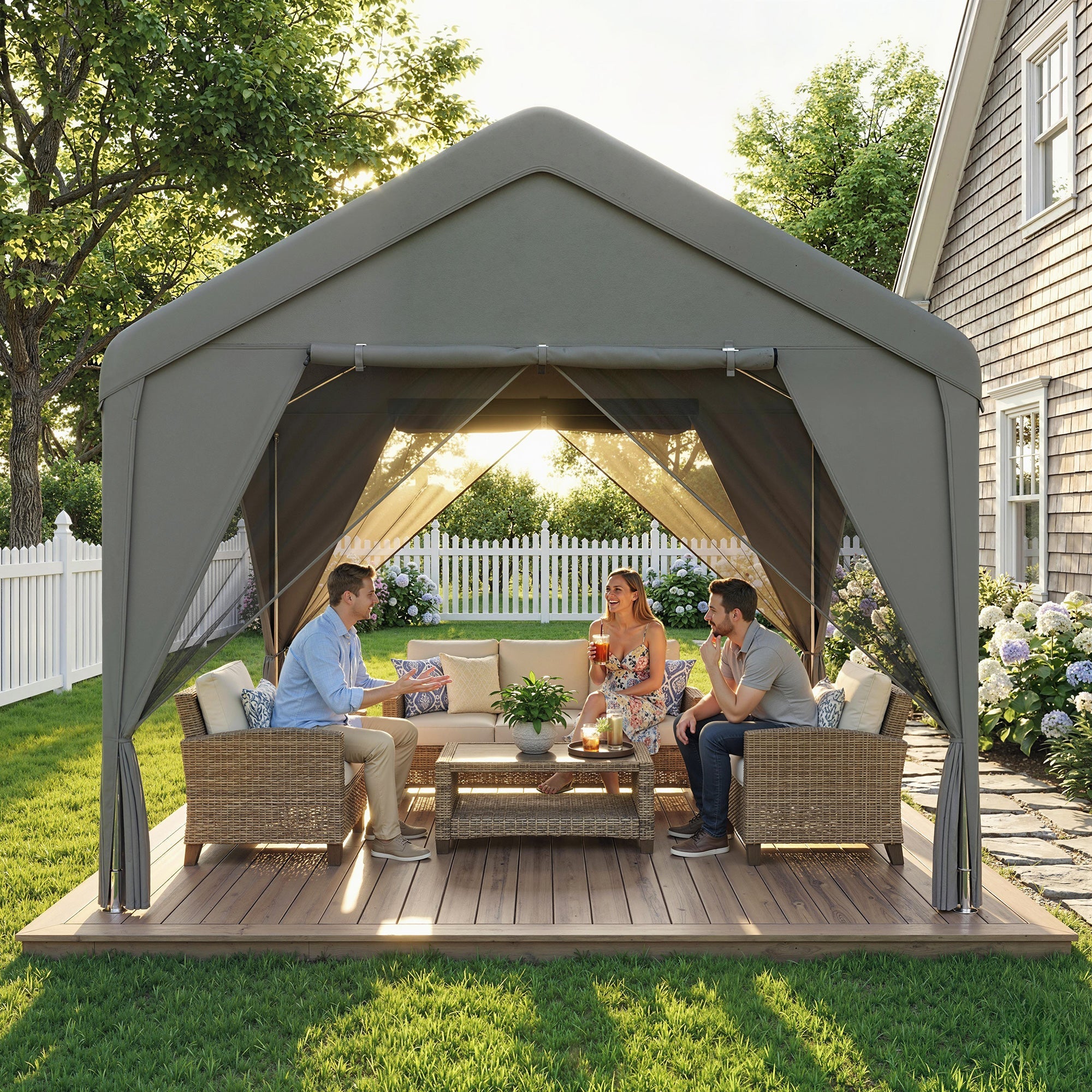 Gray outsunny 3 x 3 m patio gazebo with steel frame, uv30+ protection, sheer curtains, and flexible door panels