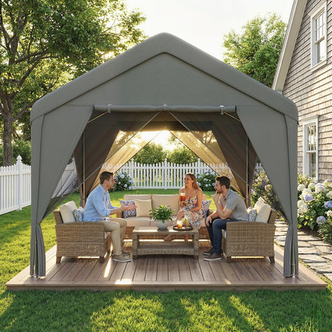 Gray outsunny 3 x 3 m patio gazebo with steel frame, uv30+ protection, sheer curtains, and flexible door panels