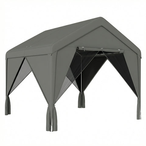 Gray outsunny 3x3m patio gazebo with steel frame black mesh side panels tassels uv30+ protection and flexible door