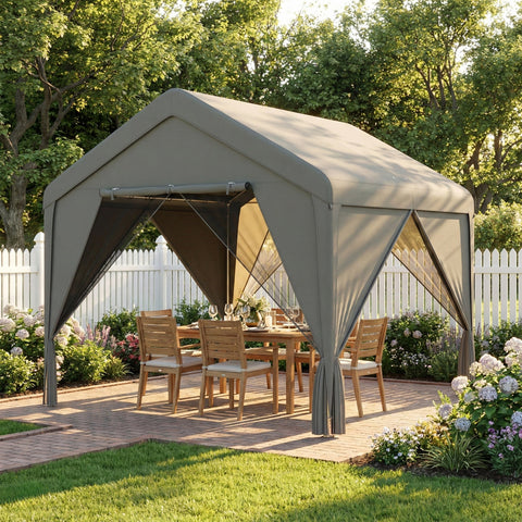 Beige canvas outsunny patio gazebo with dark gray mesh curtains flexible door uv30+ protection steel frame