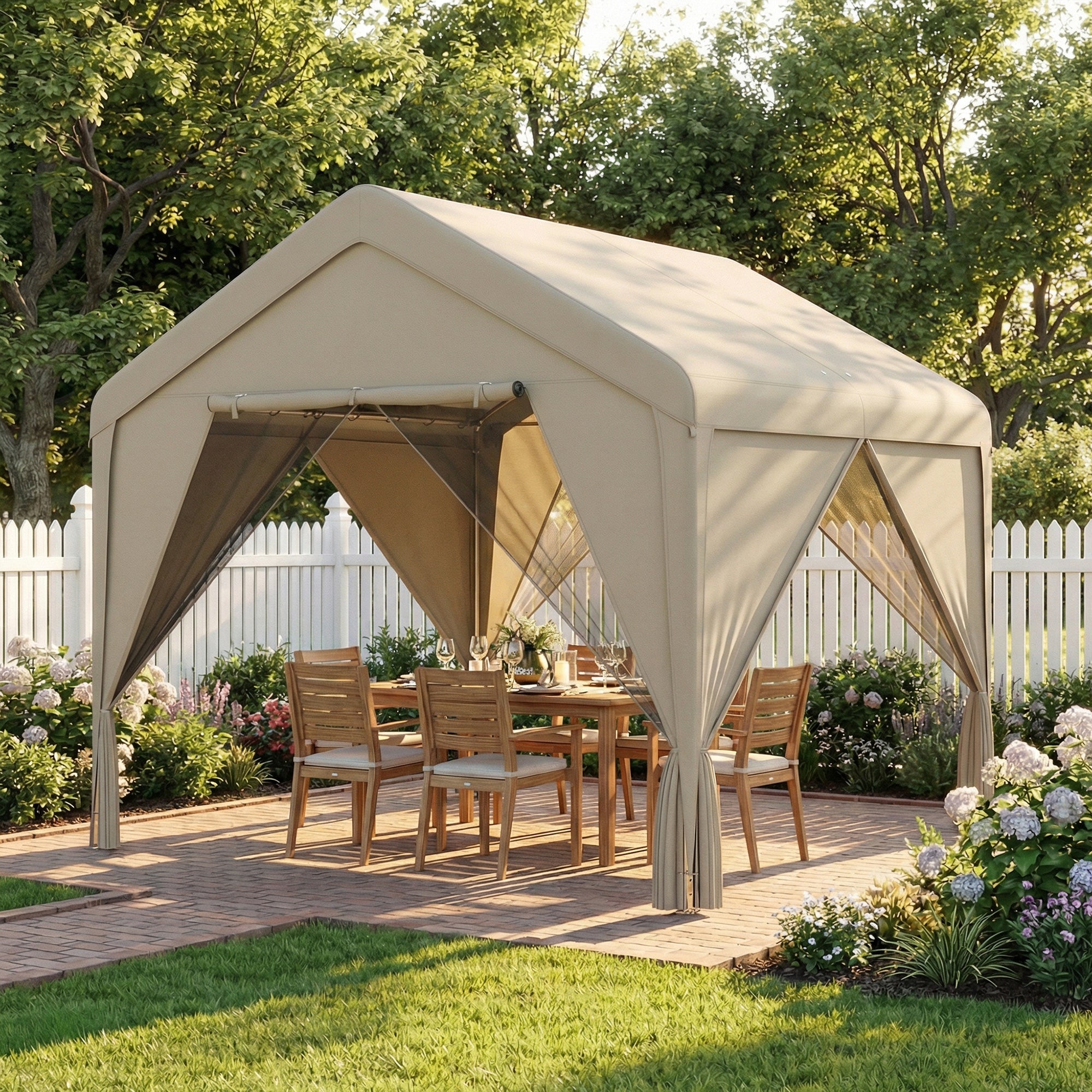 Beige canvas outsunny 3 x 3 m patio gazebo with galvanised steel frame sheer curtains uv30+ protection flexible door