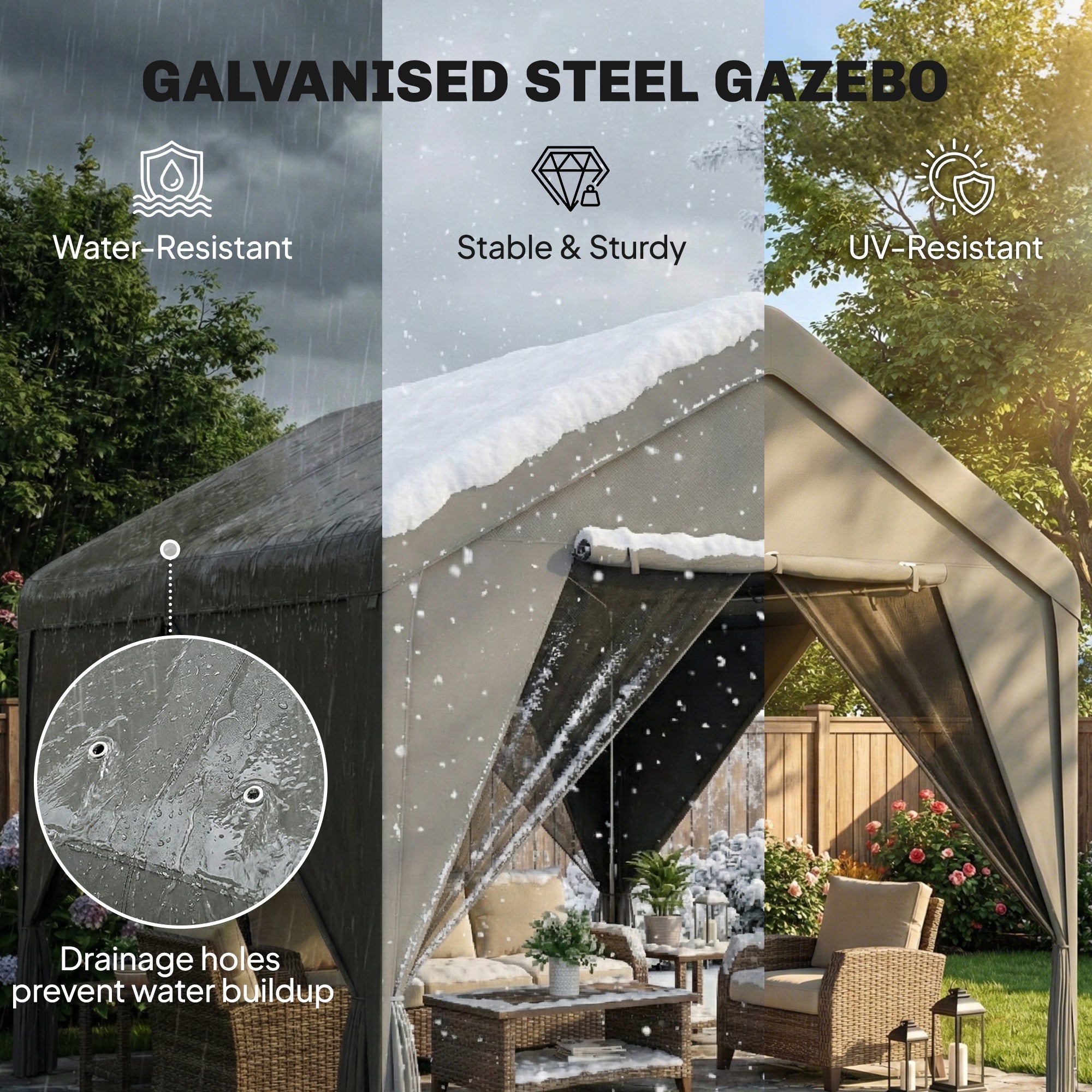 Outsunny 3 x 3 m patio gazebo with uv30+ protection beige canopy, dark grey steel frame, flexible door, and drainage holes