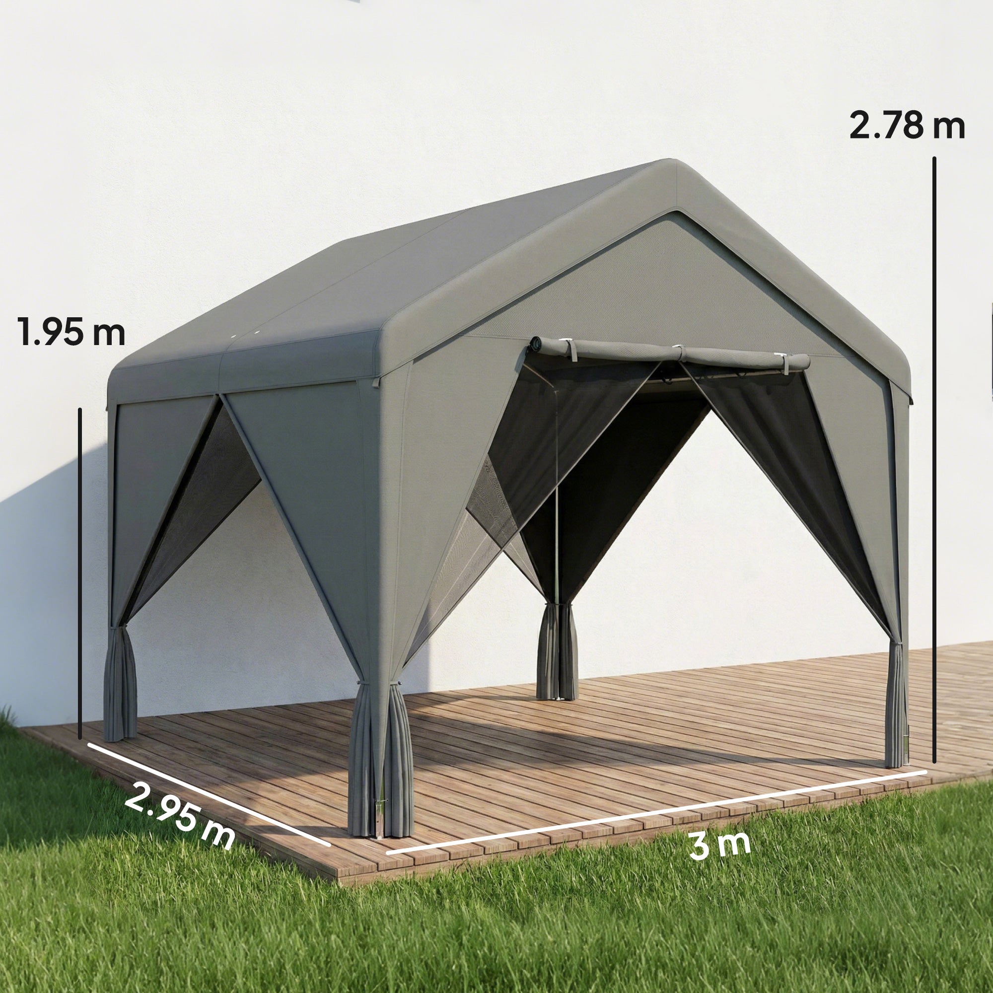 Gray outsunny 3x3 m patio gazebo with steel frame black side panels uv30+ protection and flexible door shown with measurements