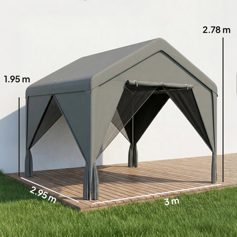 Gray outsunny 3x3 m patio gazebo with steel frame black side panels uv30+ protection and flexible door shown with measurements