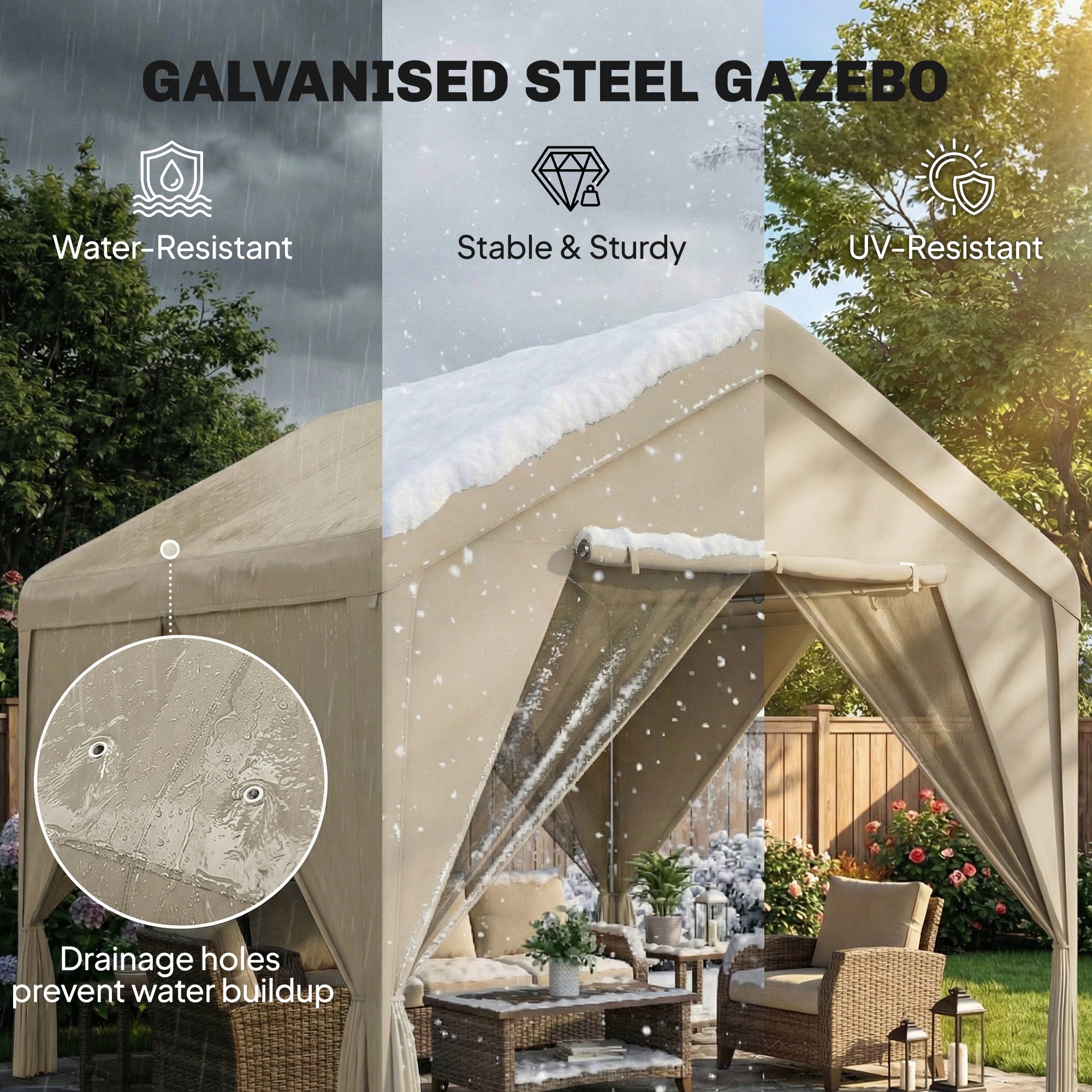Beige galvanised steel gazebo with uv30+ protection and flexible door in outsunny 3 x 3 m patio canopy shelter
