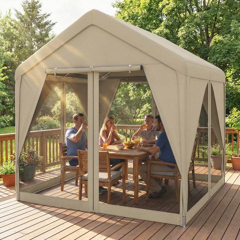 Beige outsunny 3x3m patio gazebo with uv30+ protection, flexible door mesh panels, and steel frame canopy shelter
