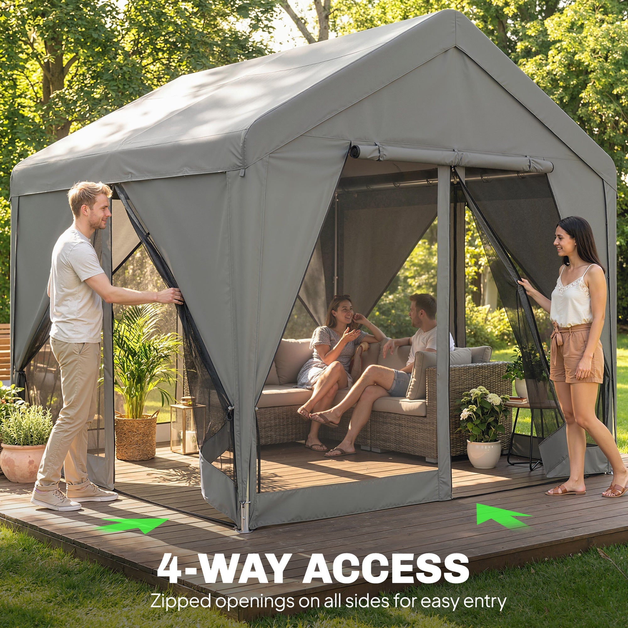 Gray outsunny 3x3 m patio gazebo with uv30+ protection steel frame mesh panels and flexible door in dark grey