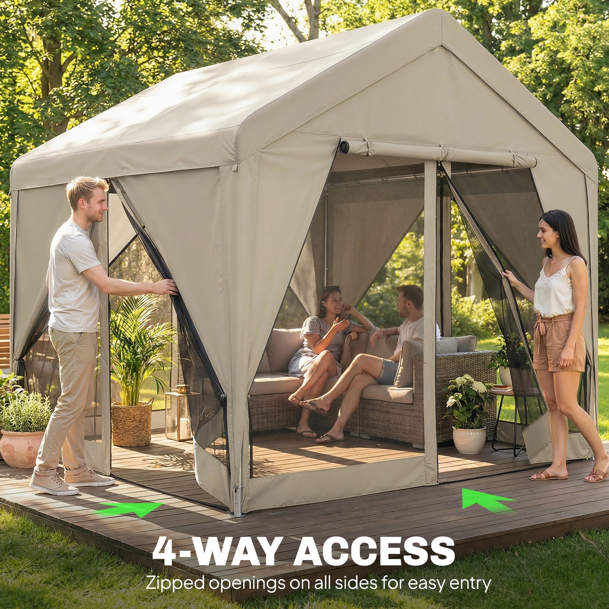 Beige canvas Outsunny 3 x 3 m patio gazebo with uv30+ protection, flexible door mesh panels, and steel frame canopy shelter