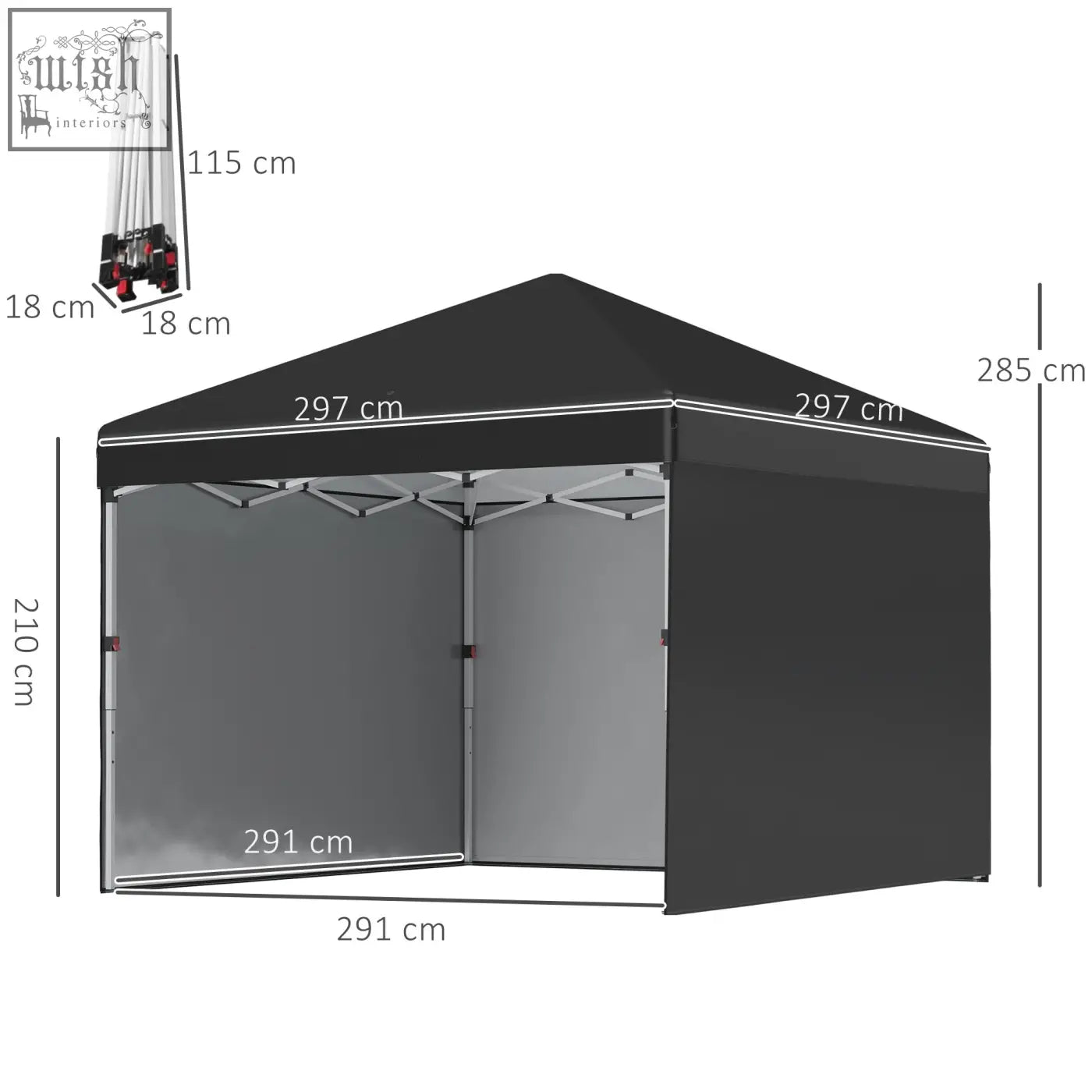 Black outsunny pop-up gazebo with silver frame, gray side panels, included stakes, and wheeled bag for easy transport