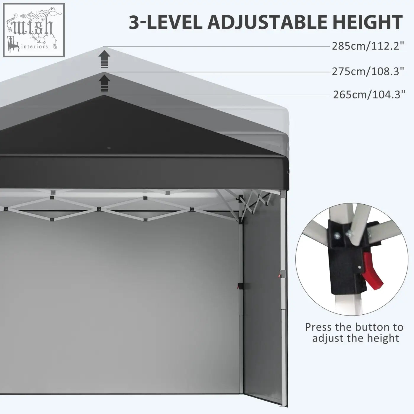 Black canopy pop-up gazebo with silver metal frame adjustable height includes wheeled bag and included stakes