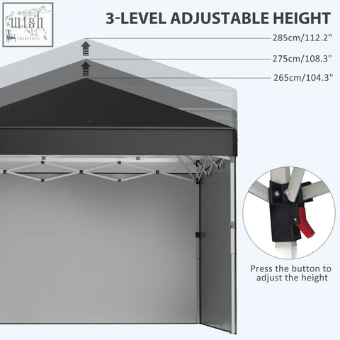 Black canopy pop-up gazebo with silver metal frame adjustable height includes wheeled bag and included stakes