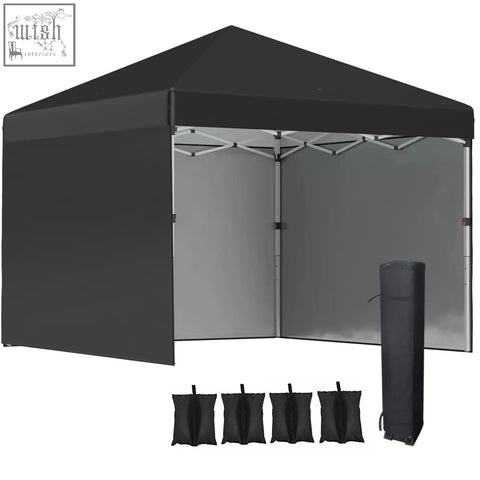 Black pop-up gazebo with peaked roof gray side panels silver frame includes wheeled bag and included stakes