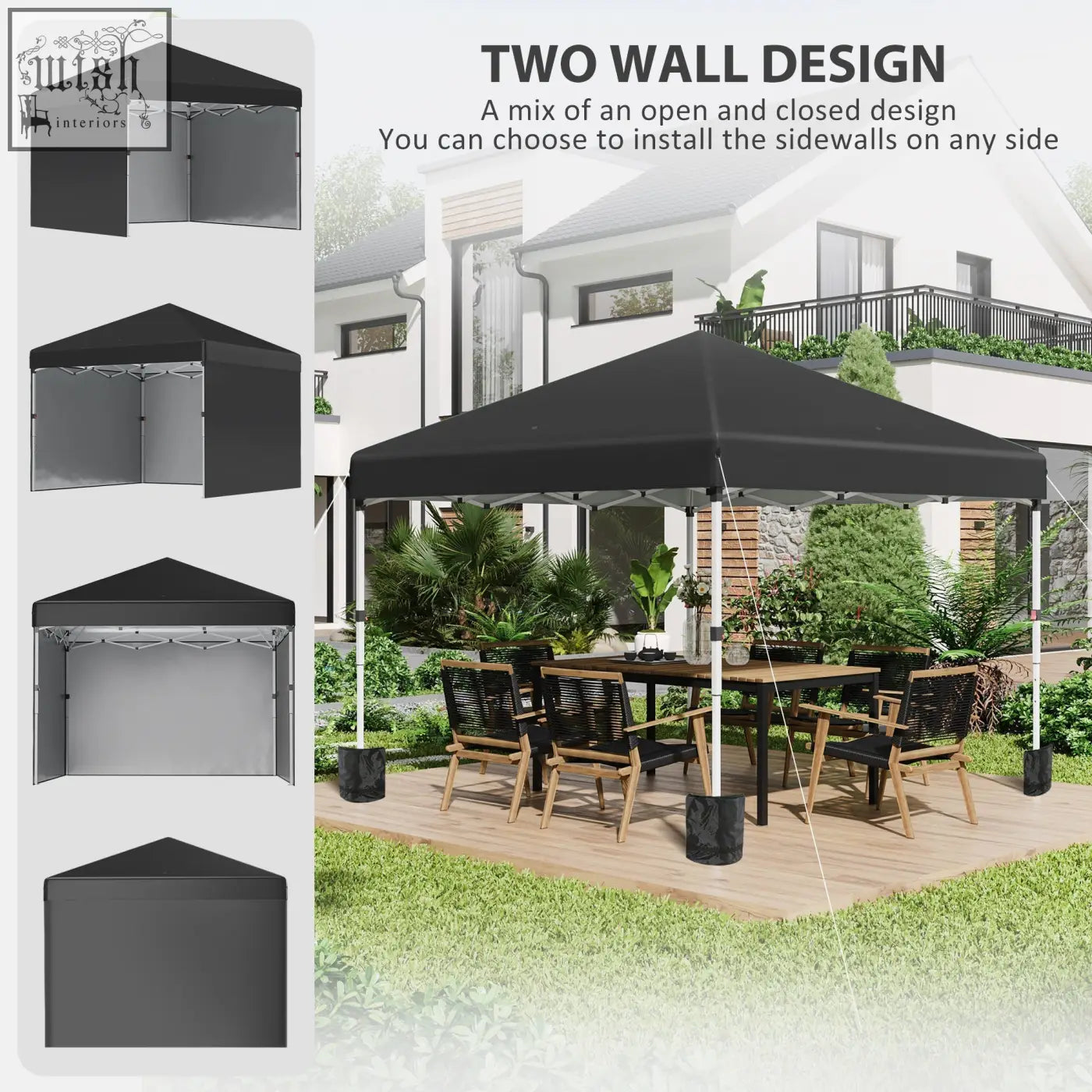 Black 3x3 m outsunny pop-up gazebo with sturdy white poles wheeled bag included stakes and 3 sidewalls for events