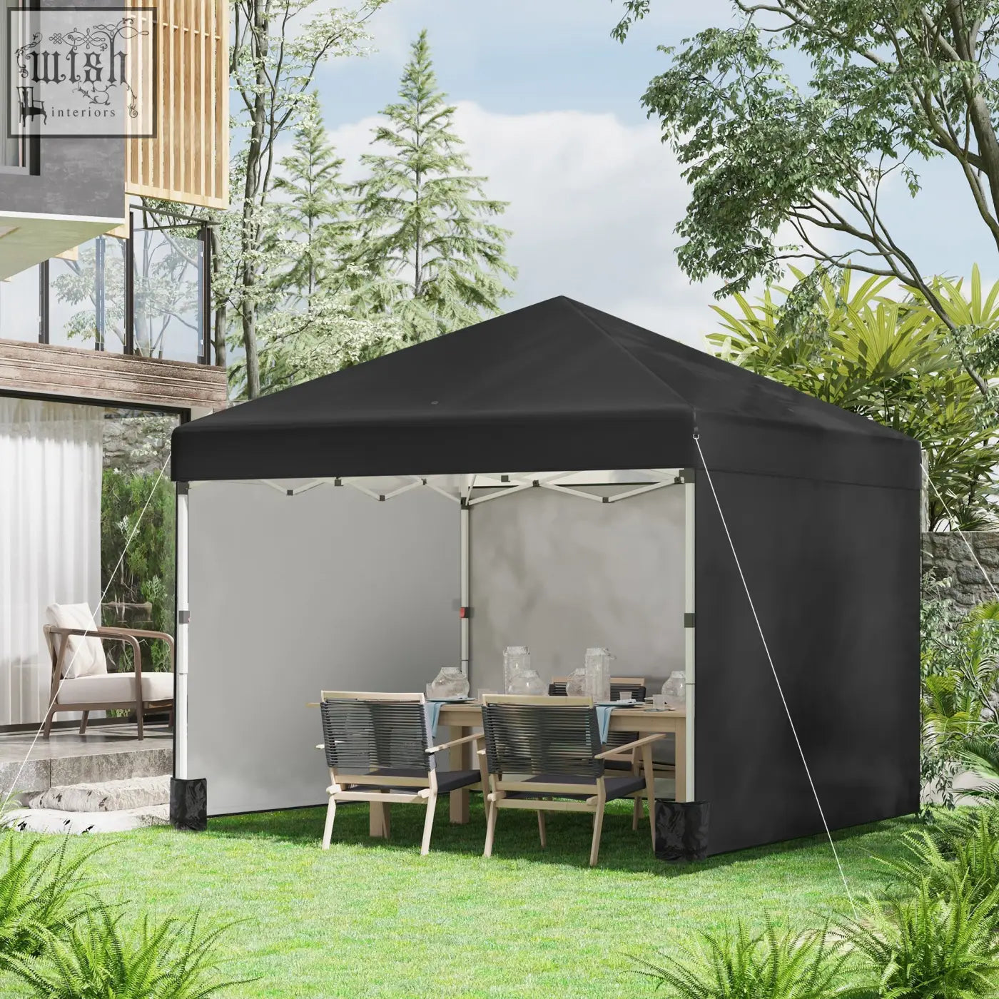 Black pop-up gazebo with gray side panel and white metal frame includes wheeled bag and stakes for easy setup