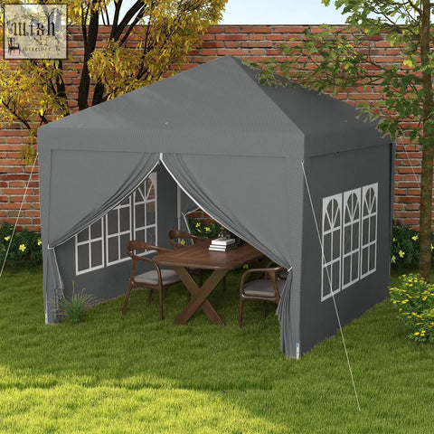 Gray outsunny 3x3 meter pop up gazebo with white window panels and side curtains featuring a powder coated steel frame