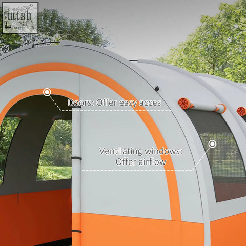 A sleek cream and orange outsunny family tent made of durable fabric with carry bag included for camping fun