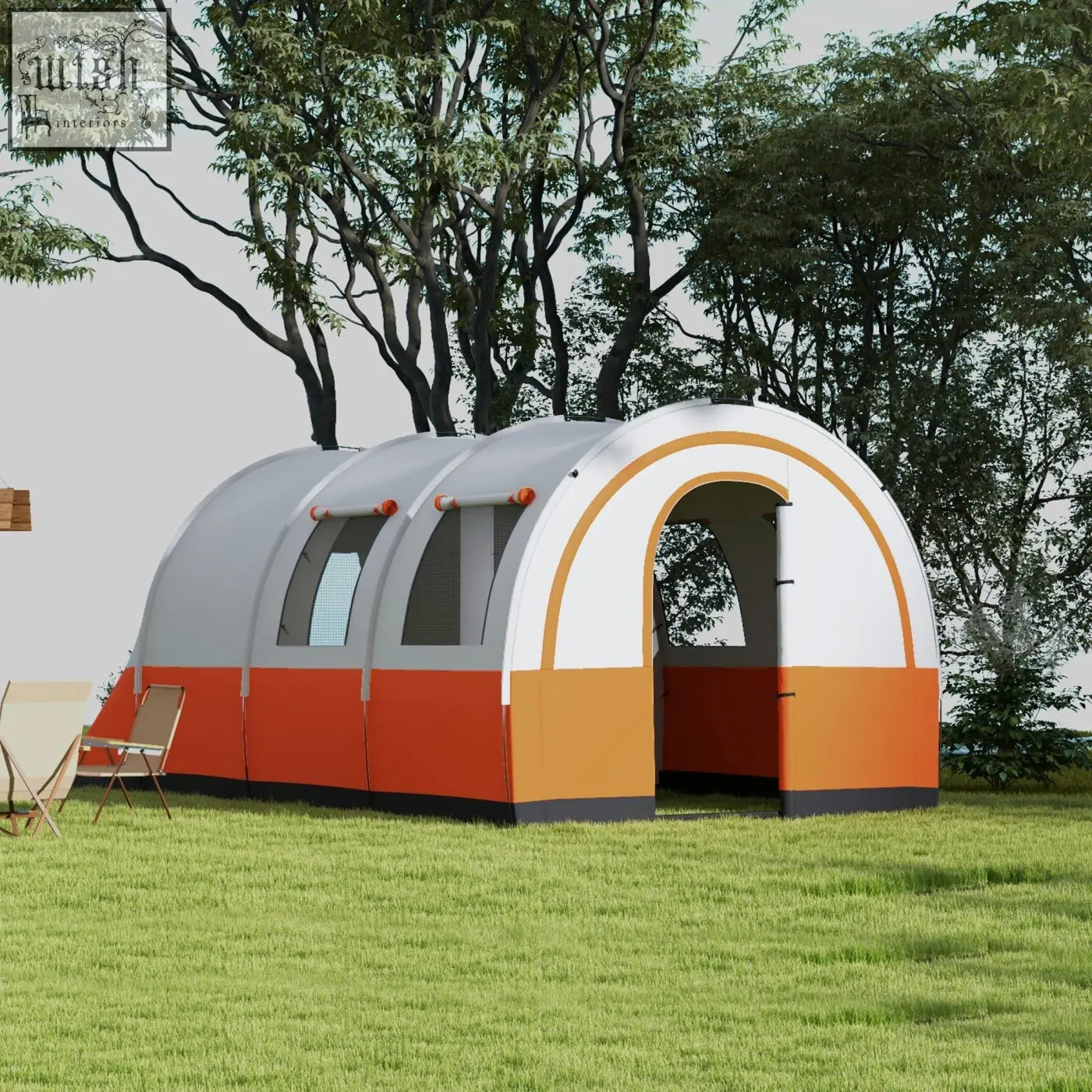 A sleek cream and orange outsunny family tent with arched windows curved entrance and carry bag included
