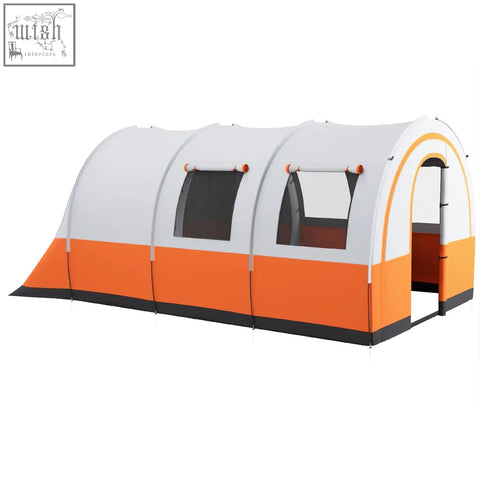 Orange and white inflatable family tent with black trim and carry bag included for easy camping transport