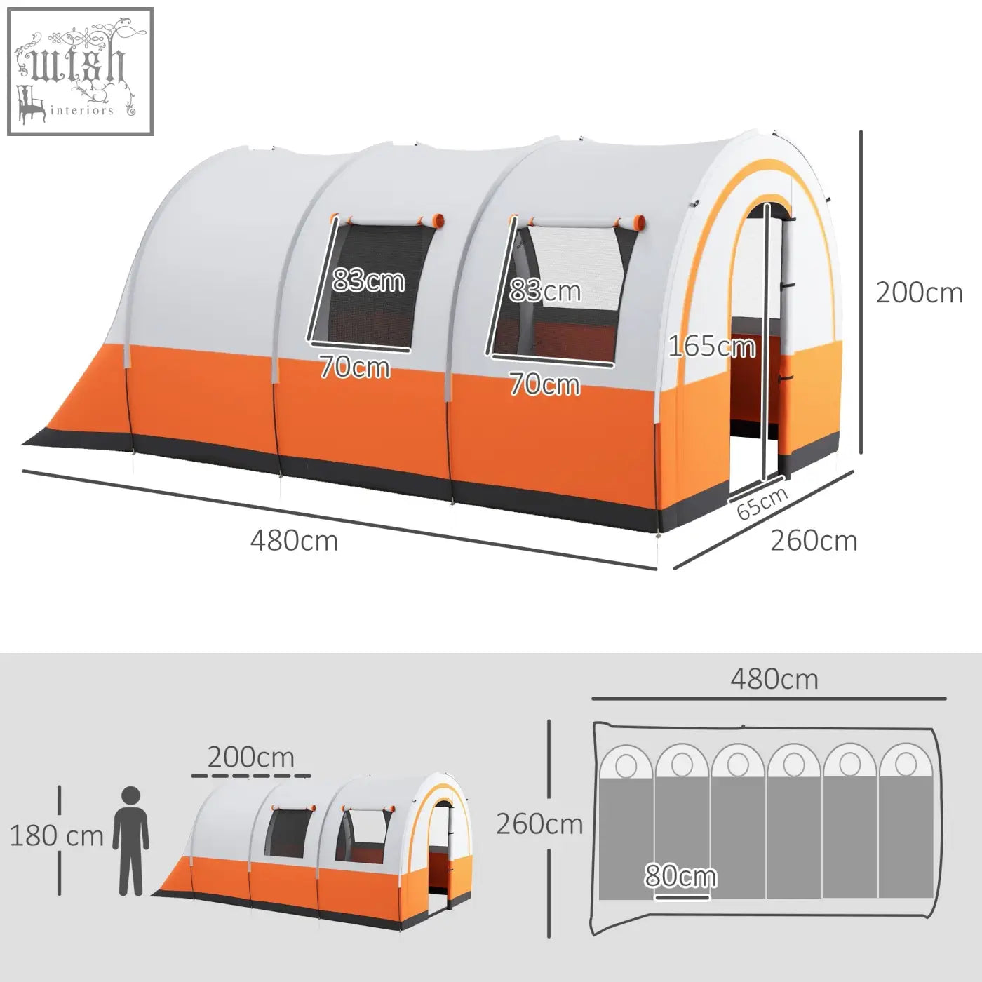 Orange and white outsunny family tent with curved roof side windows arched entrance and carry bag included