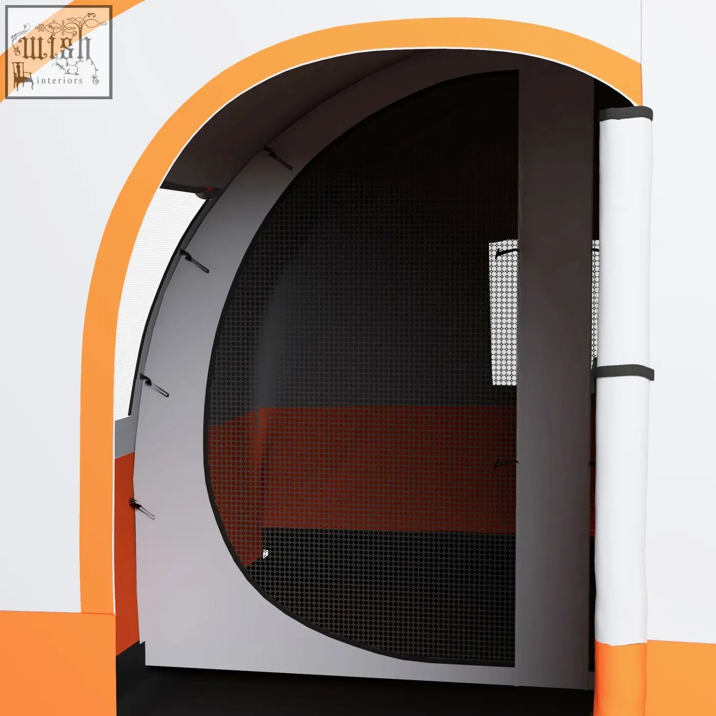 Arched white and orange entrance with black mesh paneling on outsunny family tent with carry bag included
