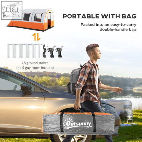 Orange and white outsunny 3000mm waterproof family tent packed in gray carry bag included with black handles