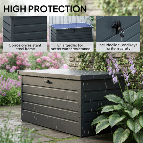 Outsunny dark grey garden storage box with galvanised steel frame and enlarged lid for better water resistance