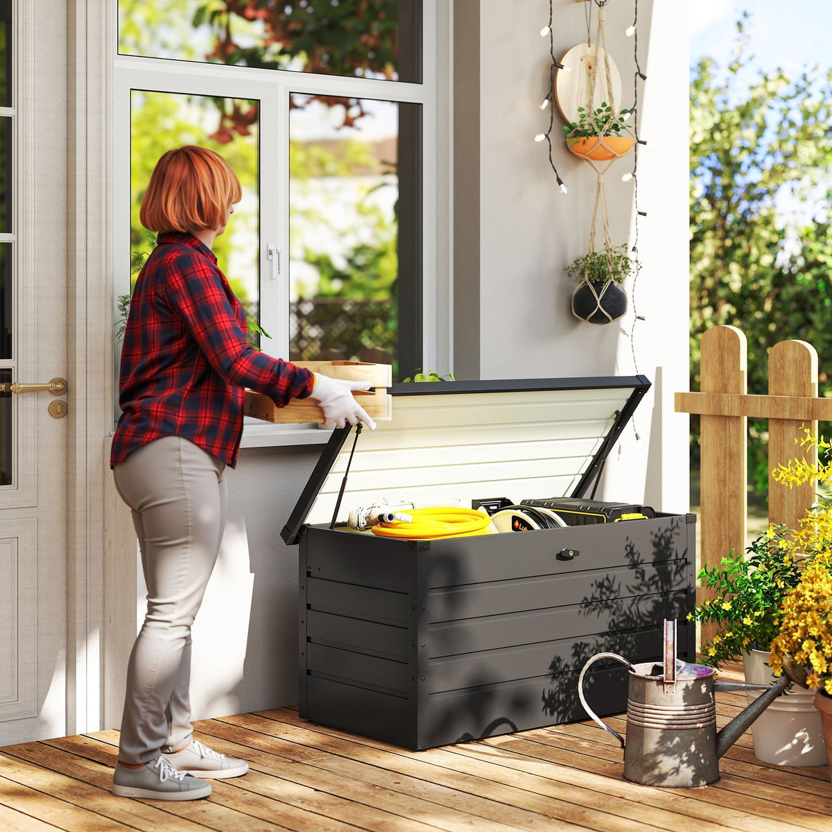 Outsunny 311l dark grey galvanised steel garden storage box with hinged lid and horizontal slats for outdoor use